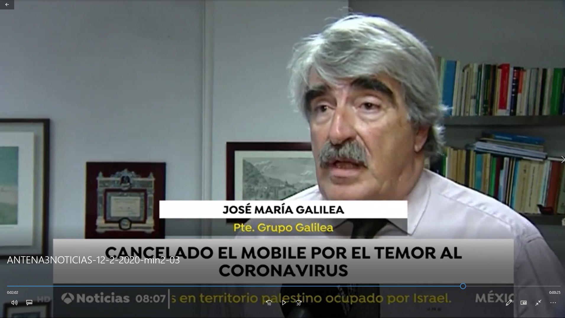 Intervención Josep María Galilea en Antena 3 Noticias tras la cancelación de la MWC 2020 de Barcelona por el coronavirus. 12/2/2020 4
